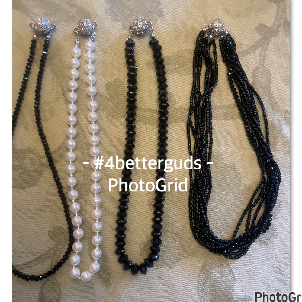 Bundle Set 4 Homemade Black Crystals & Pearl Rhinestone Magnetic Clasp Necklaces - Picture 14 of 15